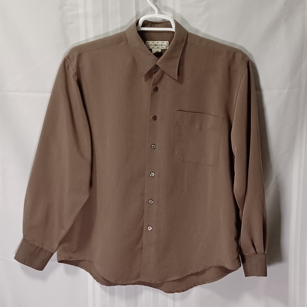 Crossings Button Up Shirt Men L Brown Herringbone Rayon Blend Long Sleeve Pocket